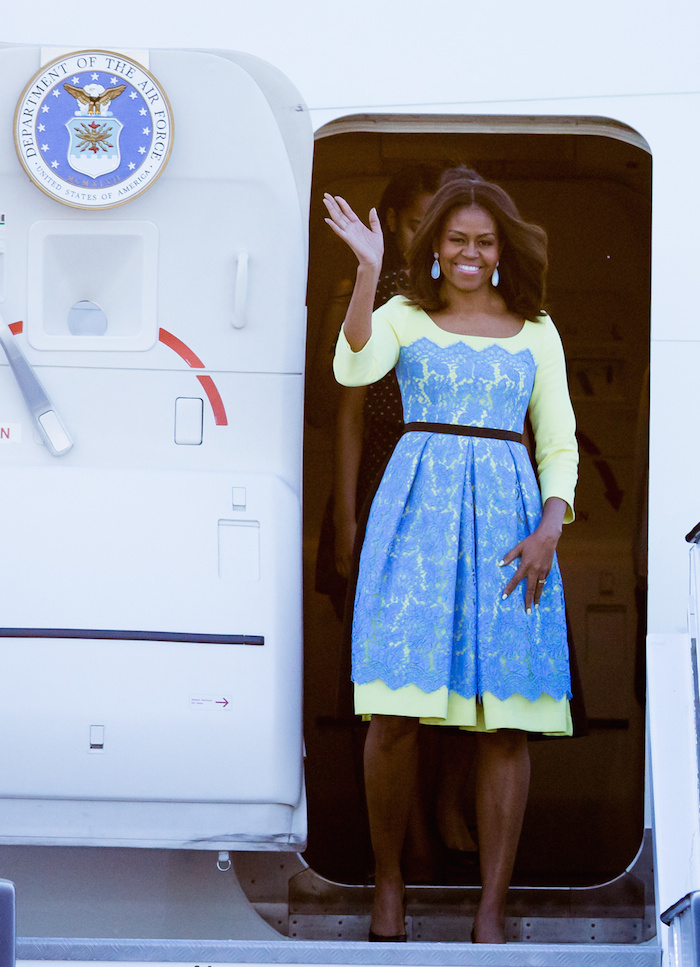 First-Lady-Michelle-Obama-Wears-Preen-by-Thornton-Bregazzi-Neon-and-Blue-Lace-Lou-Dress-for-Trip-to-the-UK