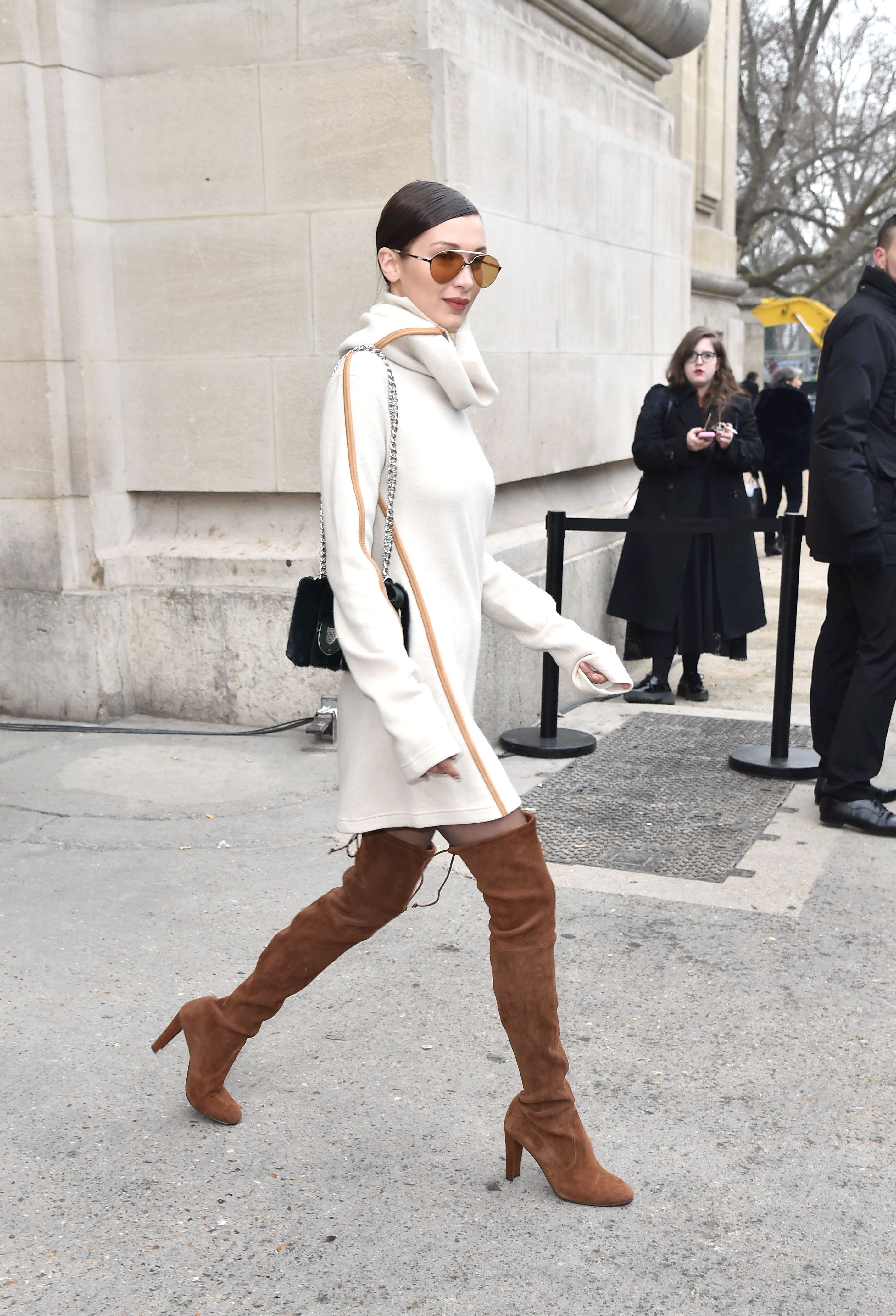 PARIS, FRANCE - JANUARY 24: Bella Hadid is seen leaving the Chanel Fashion Show during Paris Fashion Week : Haute Couture F/W 2017-2018 on January 24, 2017 in Paris, France. (Photo by Jacopo Raule/Getty Images)