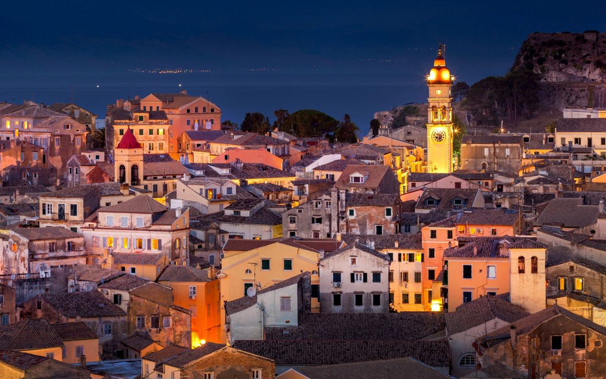 Panoramic view of the citylights of Corfu Town