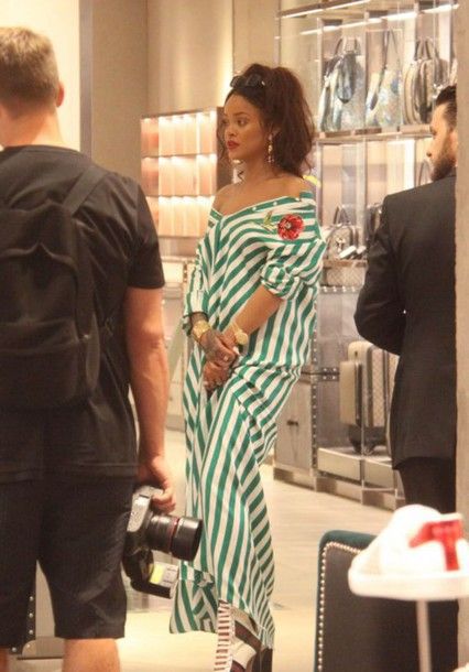 13wg6z-l-610x610-dress-shirt+dress-stripes-maxi+dress-rihanna-summer+dress-striped+dress-high+heels-bracelets-earrings-sunglasses-green-ring