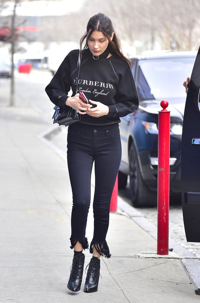 Bella-Hadid-Wearing-Black-Fringe-Jeans-New-York-2017