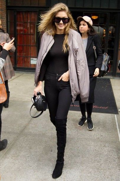 ukitge-l-610x610-jacket-gigi+hadid-celebrity-bomber+jacket-grey+jacket-jeggings-boots-knee+boots-black+boots-black-sunglasses-black+sunglasses-bag-black+bag-streetstyle