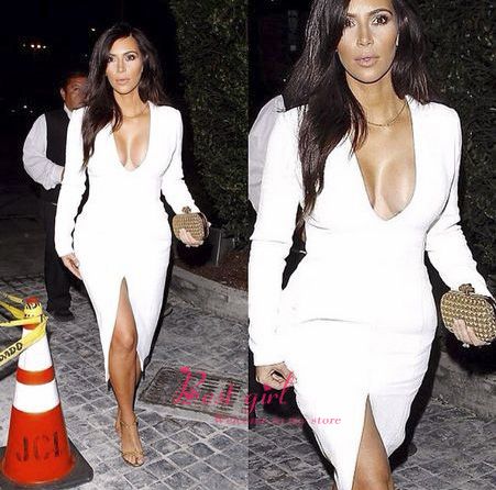 Kim-Kardashian-Celebrity-Dress-Long-Sleeve-Party-Dress-White-Deep-V-Neck-Vestidos-De-Noite-High