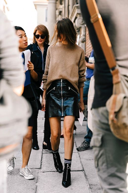 Le-Fashion-Blog-Street-Style-Mfw-Tan-Sweater-Patent-Leather-Mini-Skirt-Striped-Socks-Pointed-Toe-Ankle-Boots-Via-Vogue-Spain