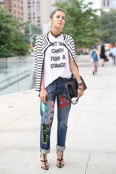 ln4ju8-l-610x610-blogger-chanel+bag-white+t+shirt-black+stilettos-striped+jacket-braid-streetstyle-blue+jeans-slogan+t+shirts-jeans-patched+denim-denim-boyfriend+jeans-sandals-black+sandals--printe